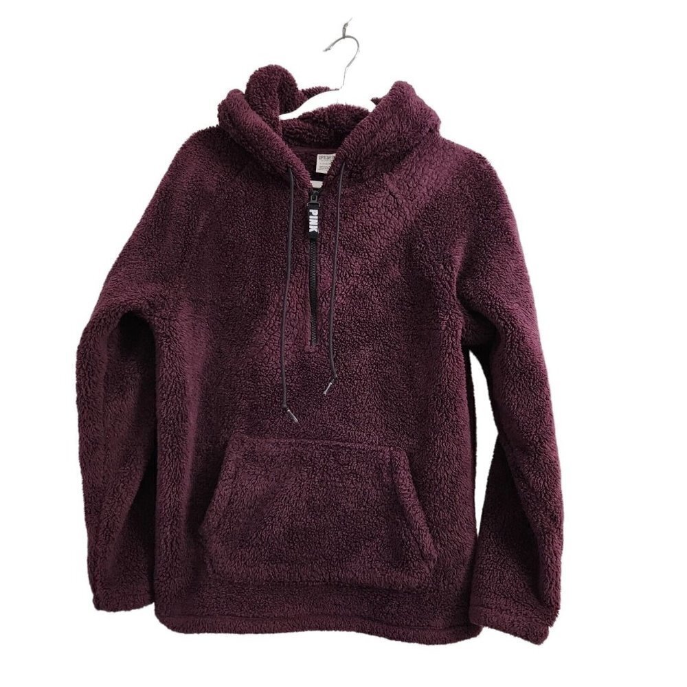 Victorias Secret PINK Sweater Small Plum Red Teddy Half Zip Pullover Cozy Sherpa